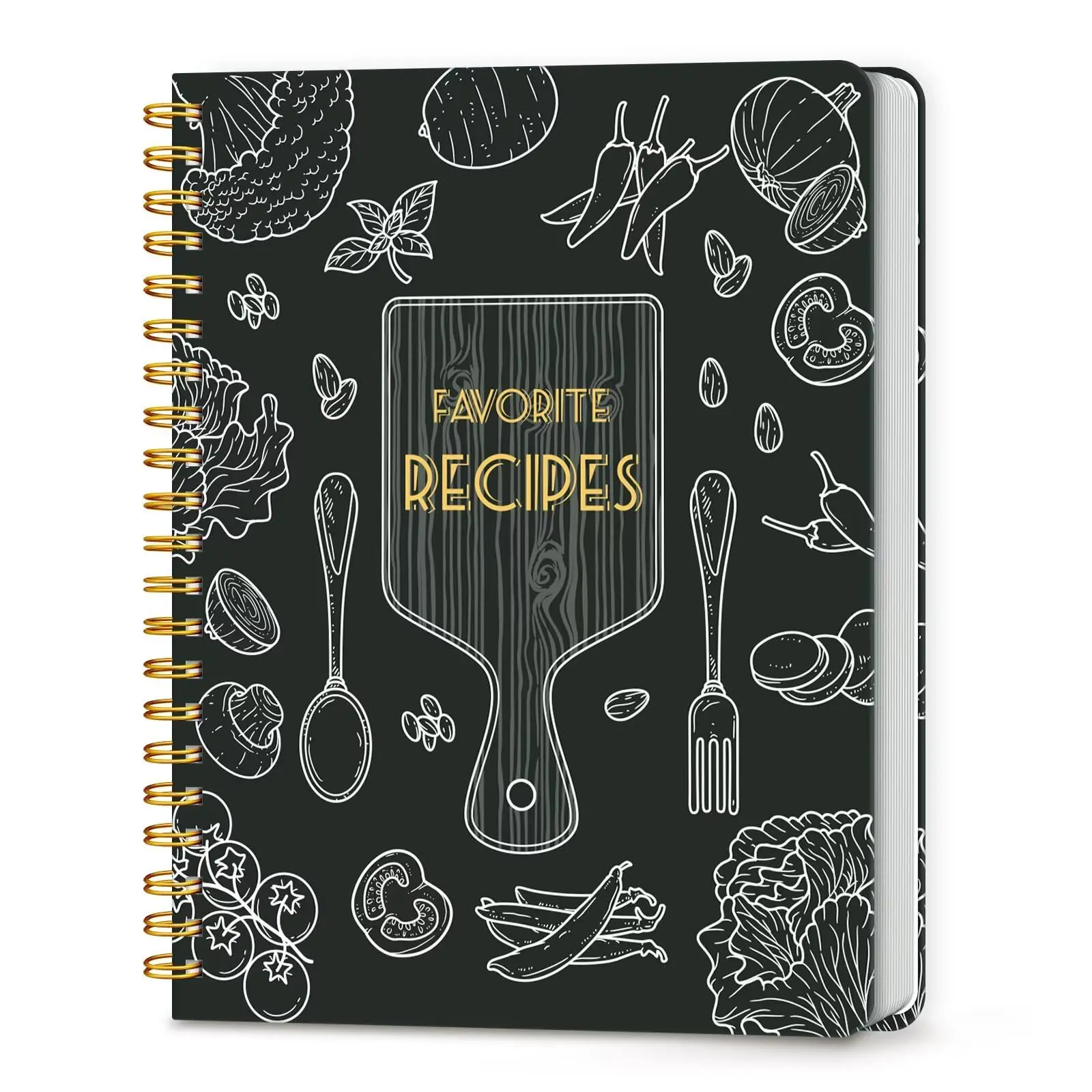 Spiral Hardcover Recipe Book - Office Personal Organiser Journal with 8.5x11 Full-Page Layouts, 140-Recipe Storage, Gold Double-Wire Binding, Back Pocket for Kitchen, Weddings
