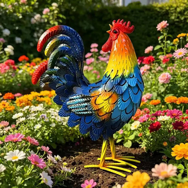 Colorful Rooster Garden Statue, Metal Outdoor Decor Sculpture for Yard, Patio and Garden