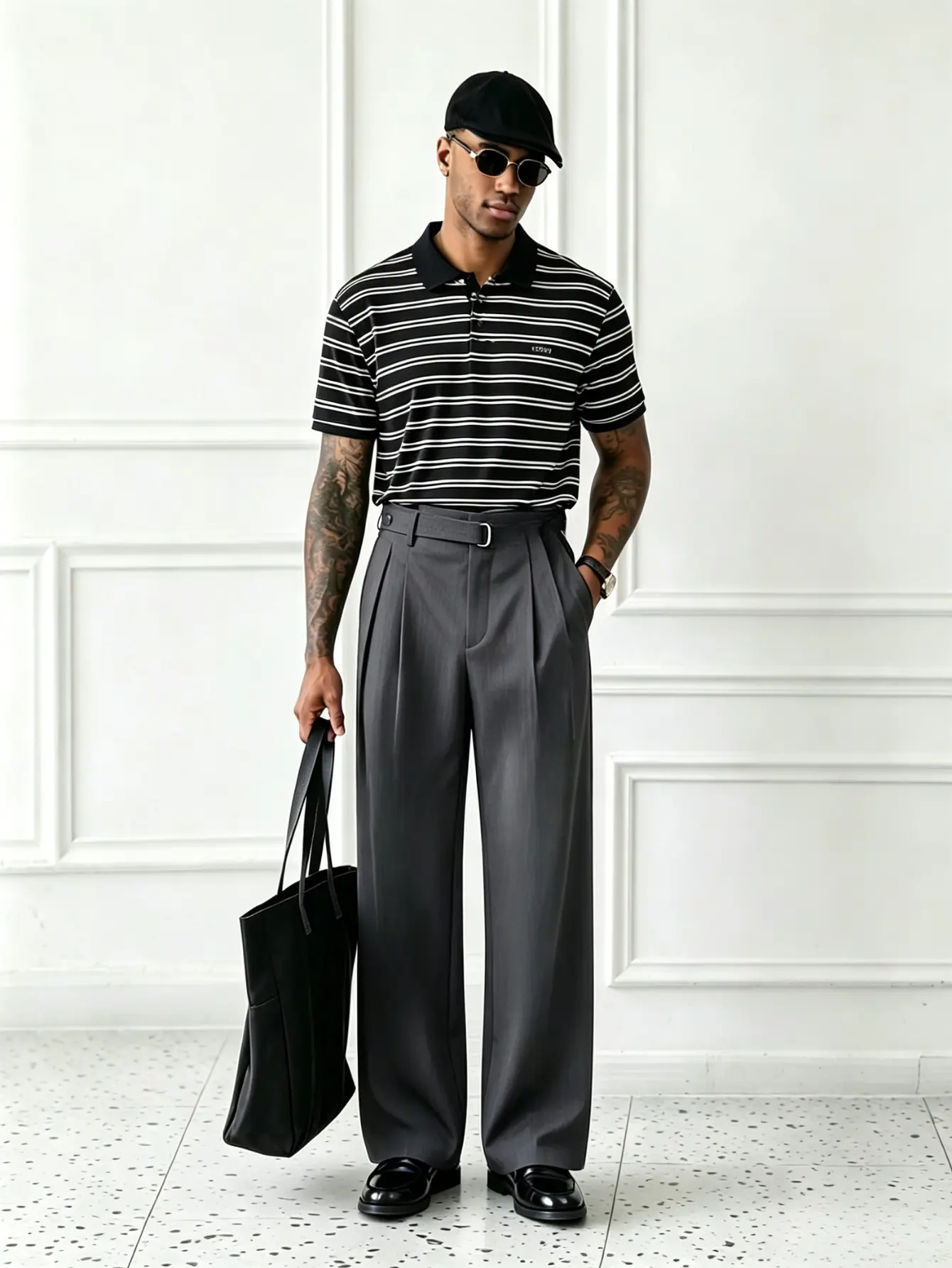 Men's Drapey Wide-Leg Suit Pants with D-Shaped Button Closure, Loose Pleated Design, Casual Style