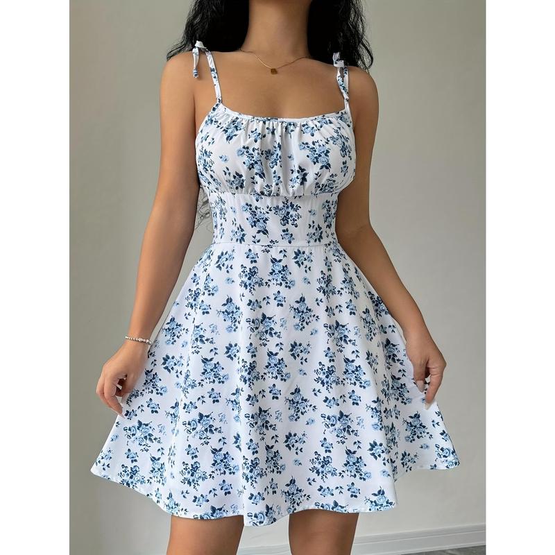 Elegant Off-Shoulder Floral Print Dress with Lace-Up Detail and Ruffle Hem - Light Blue & White, Spring/Summer Women'S Fashion, Ruffled Hem Detail, Cinched Waist, Adult Sizes