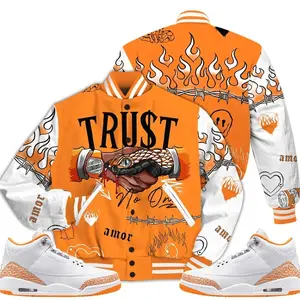 3 White Orange Peel Varsity Jacket, Orange Citrus 3s Outfit Trust No One Graphic Streetwear Sneaker Color Match Shirts