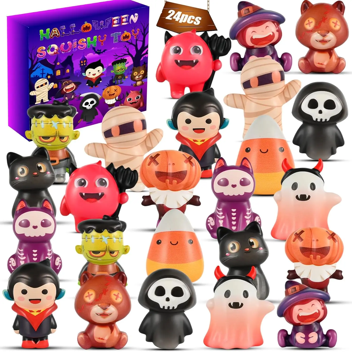 24PCS Halloween Party Favors for Kids Mini Squishy Toys Bulk Trick or Treat Goodie Bag Stuffers Halloween Pinata Fillers Boo Basket Stuffers Classroom Prizes Carnival Rewards Halloween Gifts for Boys & Girls