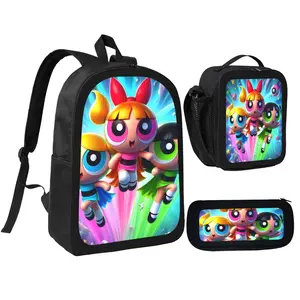 Powerpuffs Girlss Backpack With Lunch Box Pencil Case 3 In 1 For Boy Girl Teen Schoolbag Lightweight Large Capacity 600D Oxford Cloth Adjustable Straps Comfortable Mesh Back Cushioning backpack goals-B