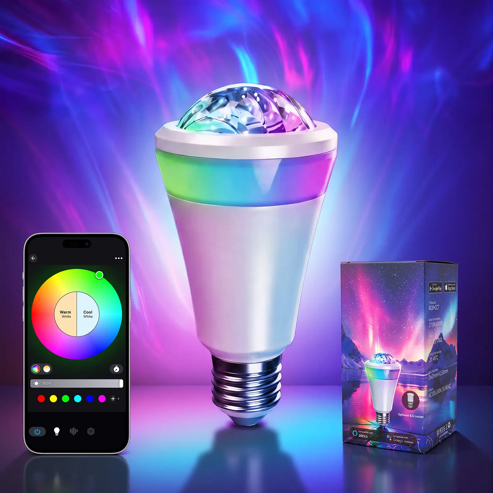 Tuffenough Smart Light Bulb,RGB Color-Changing Dimmable Bulb,2.4GHz Wi-Fi + BLE App Control,Supports Alexa and Google Assistant Voice Control,Group Control,Mood Lighting,Energy Efficient,E26/E27/B22