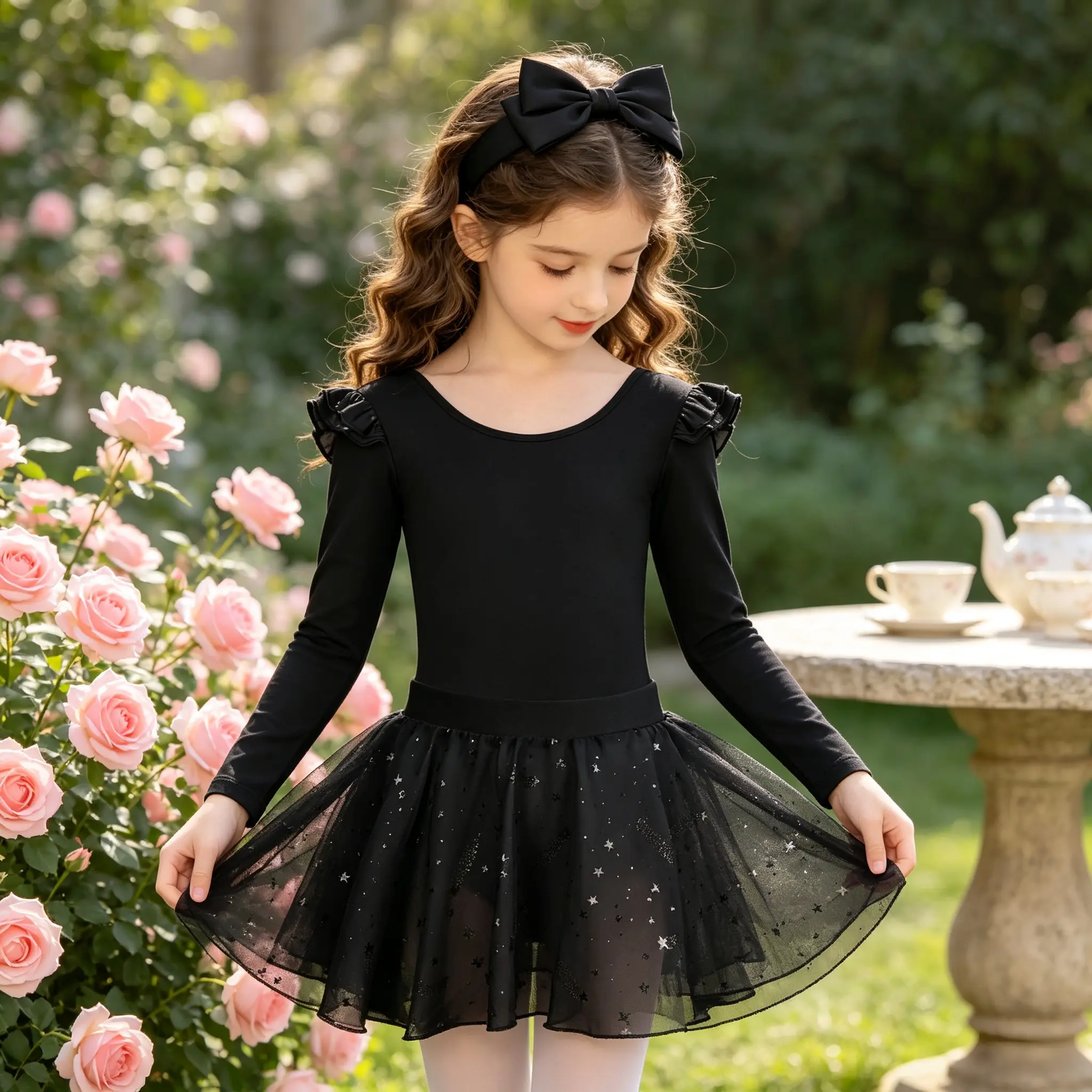Girls' Long-Sleeve Ruffle Ballet Leotard, Sparkle Star Tulle Formal Dance Outfit for Kids