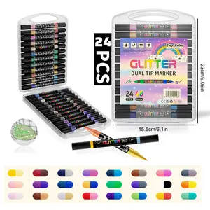 24PCS Dual-Tip Glitter Marker Pens, 48 Shimmer Colors, Fine & Flexible Brush Tips, Water-Based Sparkle Art Markers with Portable Case for Journaling, Rock Painting, Glass Decor, School & Craft Supplies