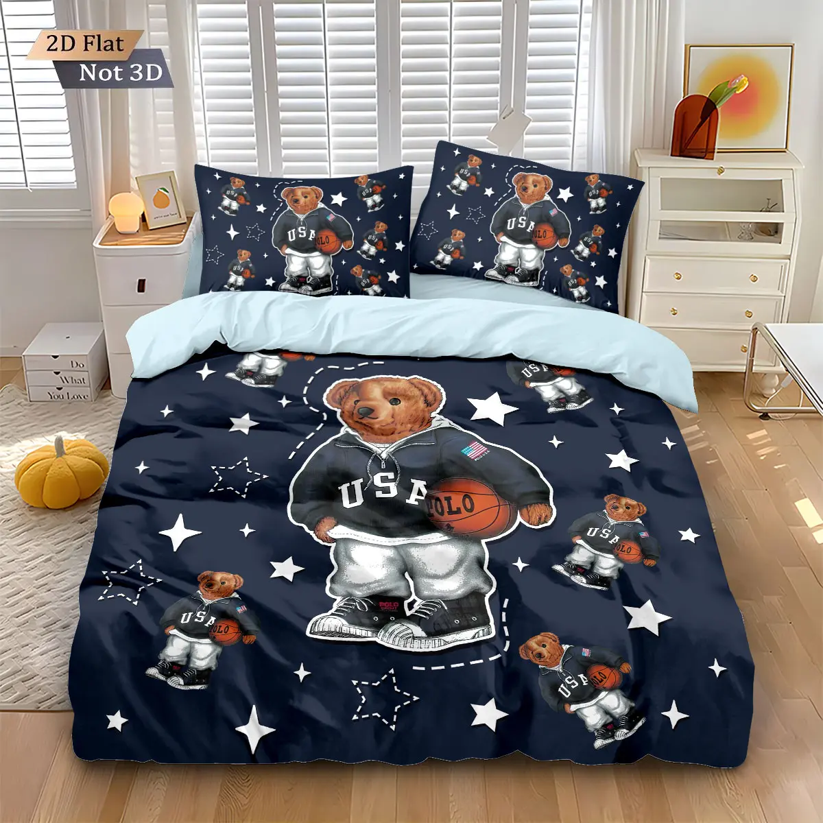 3-piece quilt cover set (1 quilt cover +2 pillowcases, coreless) Basketball teddy bear white star element print soft and comfortable printed bedding set, suitable for all rooms Duvet Cover Set Comfy Bedding Sets