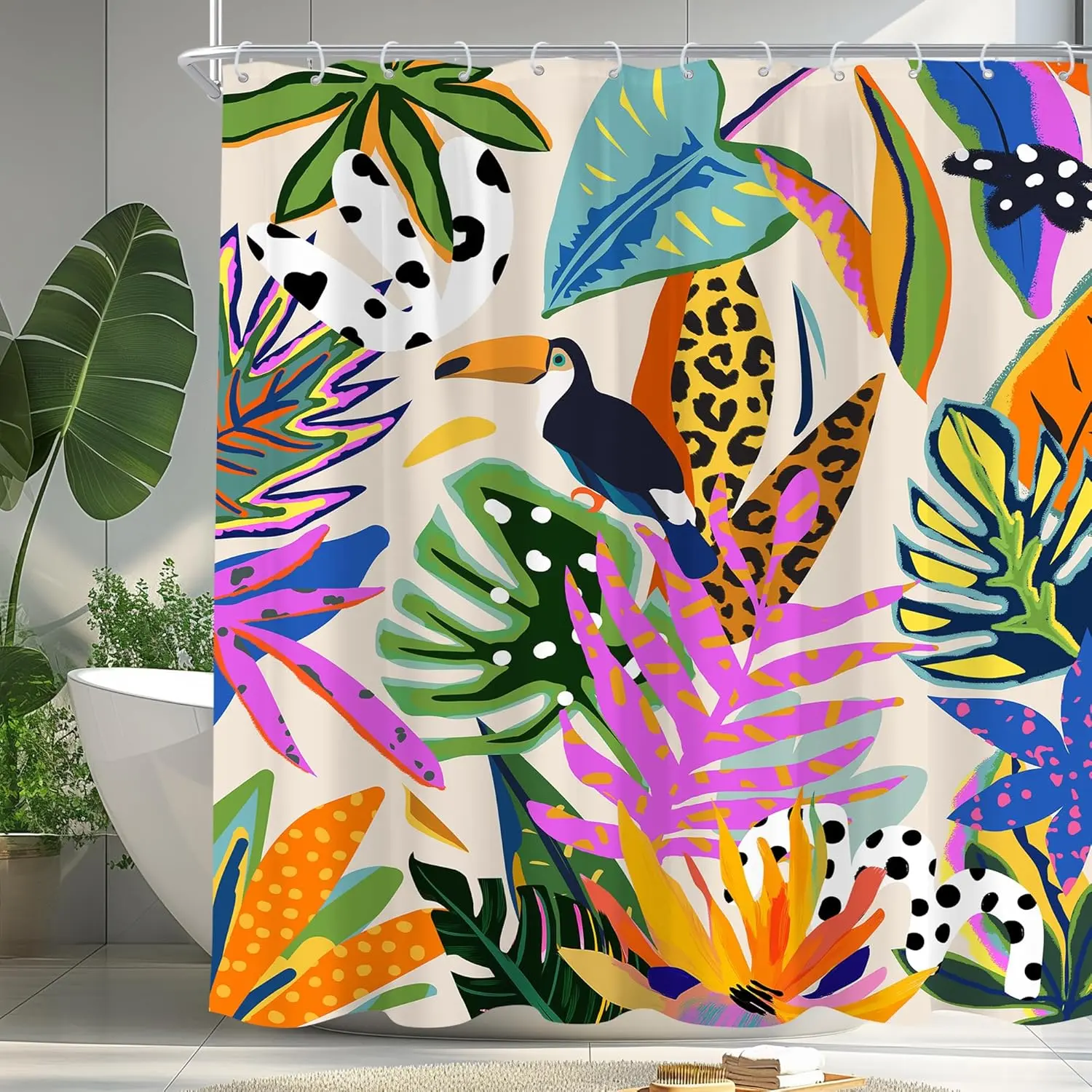 60Wx72H Tropical Fabric Curtain Set, a-colorful Floral Palm Plants & Hot Pink Green Parrot Design, Abstract Jungle Modern Botanical Bathroom Decor Accessory