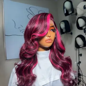 Burgandy Wig with Hot Pink Highlights Long Deep Wave Lace Frontal Pre-plucked Hairline Heat Resistant Synthetic Glueless Wig for Women wavy lace hairline wig
