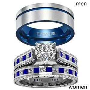 Ringcrown Couple Rings Matching Ring Heart Cut 1ct CZ White Golden Plated Women Wedding Ring Sets For Him And Her Ring Sets Men Blue Titanium Steel Wedding Band
