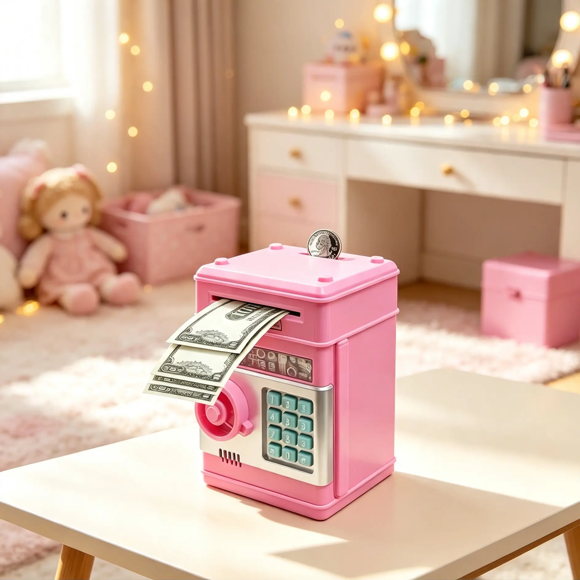 Stylish Mini Electronic ATM Piggy Bank for Kids and Teenagers with Security Code Lock, Automatic Bill Rolling, Dual Coin and Cash Storage, Educational Savings Toy for Boys Girls Ages 3 to 13 for Birthday and Christmas Holiday.party gift