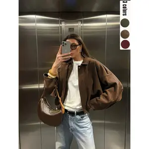 Women's Fall Winter Loose Fitted Soft Suede Jacket Short Batwing Sleeve Bomber Coat Plain Solid Leather Look Top Zipper Neckline Vintage Style Everyday