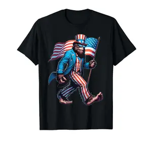 T-shirt for men 100% Cotton 4th Of July Bigfoot Sasquatch Patriotic American Flag T-Shirt