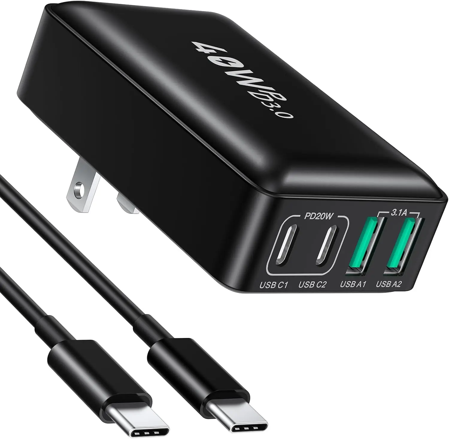 USB C Charger Block,  40W Flat 4Port USB Wall Plug Dual PD QC Fast  Travel Power Adapter Multiport Compatible with  16 15 iPad Pro Galaxy S24 Ultra, with 6ft USB C to C