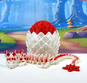 3D Printed Dragon with Egg, Articulated White and Red Cherry Blossom Dragon, 12 Inches Fidget ADHD Autism Toy D070-WRE