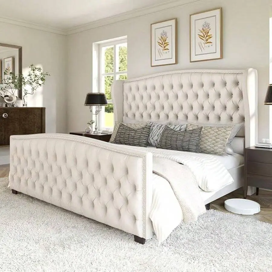 Platform  Frame, Velvet Upholstered  With Deep Button Tufted & Nailhead Trim Wingback Headboard/No Box Spring Needed/Cream bed Contemporary Black Faux Leather Couch Set