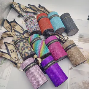 Women’s Fashion Mini PU Leather Storage Pouch Keychain, Rhinestone-Embellished Lipstick Bag Charm