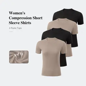 4 Pack Women's Workout Shirts Compression Short Sleeve Crew Neck Running Yoga Gym Athletic Fitted Crop T-Shirts Top