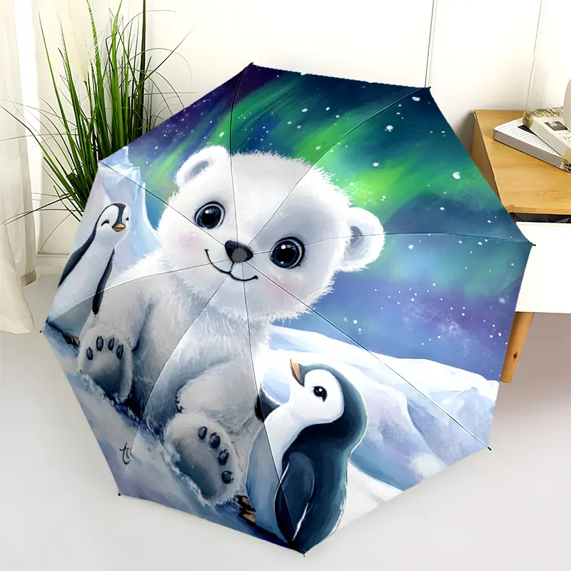 1 PC Automatic Folding Umbrella - Polar Bear and Penguins Aurora Borealis Pattern, Portable & Foldable Design with 8 Ribs, Merry Christmas Pattern,Casual Outdoor Accessory Halloween and Christmas Birthday Gifts. H00137