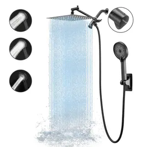 NGNP High Pressure Shower Head with Handheld Combo, 10" Rain Shower Head and 3-Mode Handheld Spray, 11" Adjustable Height and Angle Telescopic Arm, 3-Way Flow Regulator, Pet Friendly, Bathroom Accessories, Chrome, Matte Black