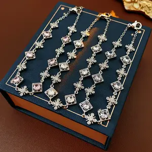 Adjustable Floral Diamond Link Bracelet-Korean Style Minimalist Chain Gold Plated Dainty Jewelry for Women