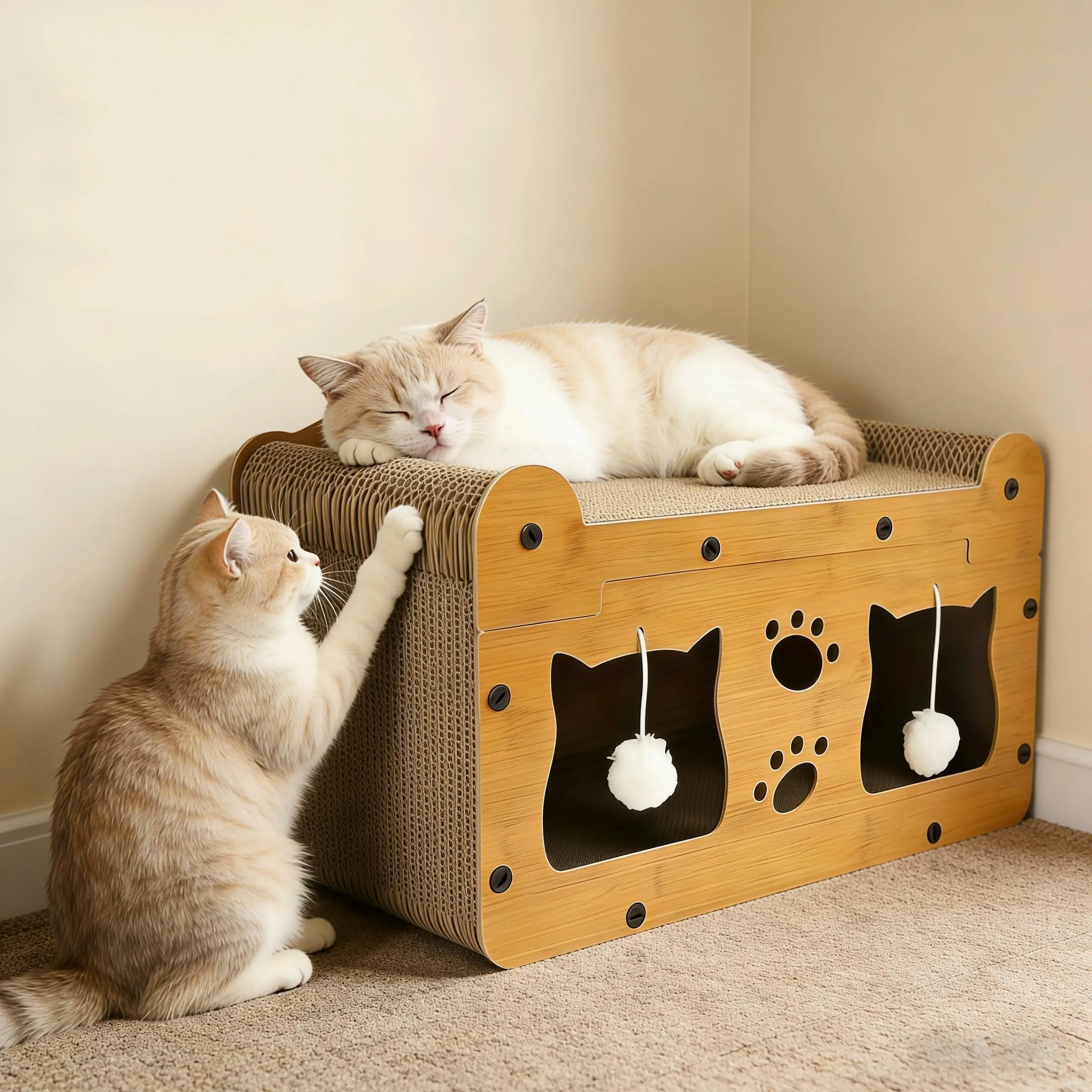 Two-In-One Interactive Cat Scratcher Bed, Comfortable Resting Corrugated Paper Wood Cat House, Quick Assembly, Multi-Cat Activity Palace
