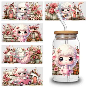 5 Sheets Cute Lamb UV DTF Stickers UV DTF 16oz Libbey Cup Wraps - Waterproof, Scratch-Resistant DIY Decals with 3D Crystal Effect, Self-Adhesive Transfer Paper for Cup Decoration, Floral & Bird Design