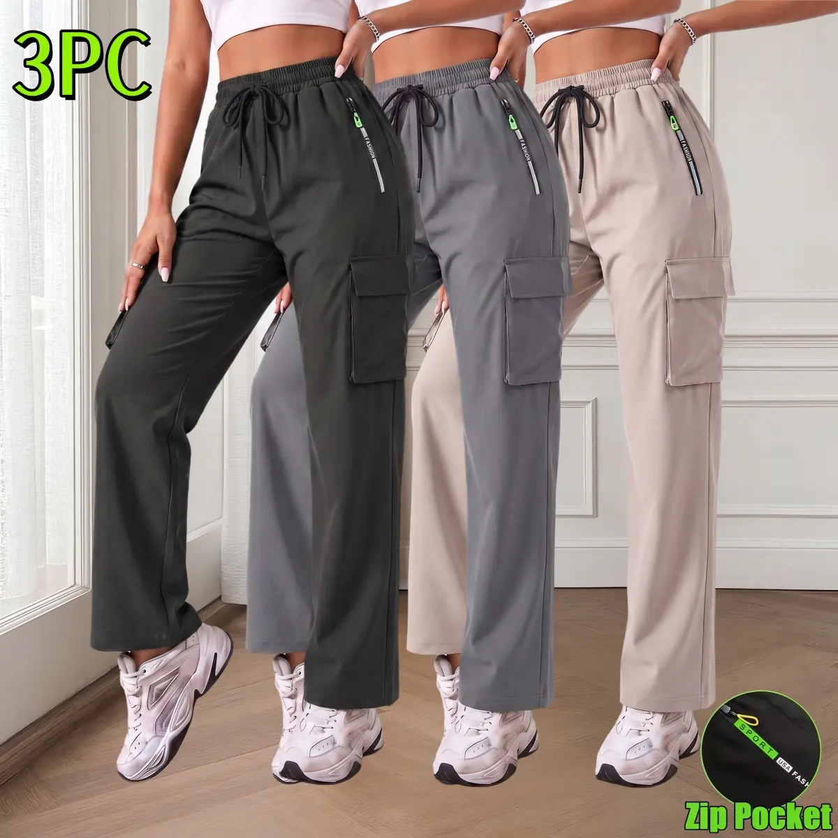 3-pack women’s cargo pants with zippered pockets – comfortable and stylish, women’s jogger cargo pants, casual fashion long pants for women, elastic waistband with drawstring for a comfortable fit that doesn’t pinch, suitable for outdoor sports and everyd