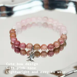 Red Wood Grain Rose Quartz Bow Bracelet - Sweet Girly Style