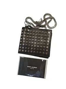 Pre-owned Yves Saint Laurent YSL Black Studded Clutch Wallet, 11×9.5 cm, With Original Cards