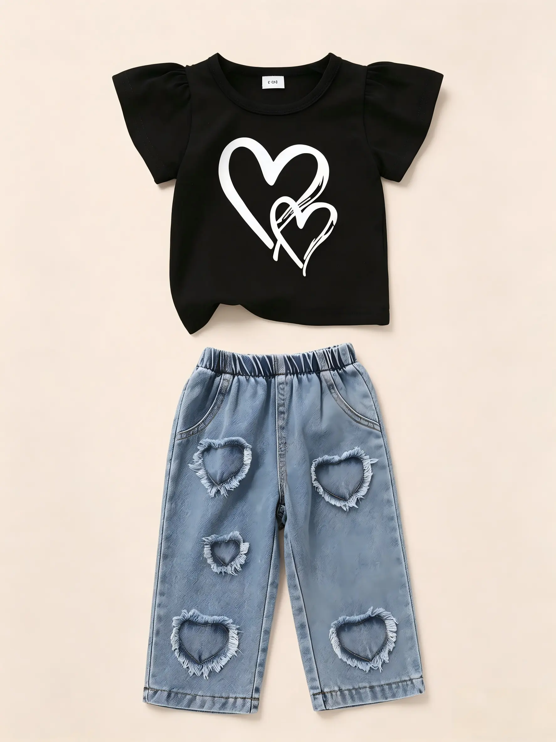 2pcs, Baby Girl Clothing, Soft, Comfortable, Casual, Cute, Simple Versatile Heart-patterned Crew Neck T-shirt And Heart-embroidered Blue Elastic Waist Jeans Set, Toddler Girls Clothes, Suitable Summer For Everyday Wear, Vacations, Outdoor Activities