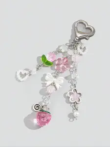 Cute Flower & Strawberry & Bowknot Design Keychain, Fashionable Alloy Keychain for Women & Girls, Trendy All-match & Exquisite Keychain for Birthday Gift