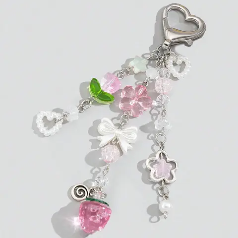 Mother's Day Gift Cute Flower & Strawberry & Bowknot Design Keychain, Fashionable Alloy for Women & Girls, Trendy All-match & Exquisite Cute Keychains for Birthday Gift