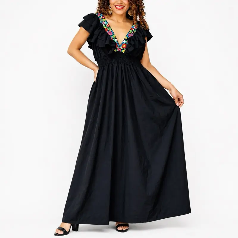 Elegant Floral Embroidery Maxi Dress in Black & White with Ruffled Sleeves and V-Neckline for Special Occasions