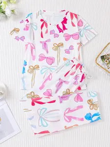 2 pieces of women's Fitted bow print round neck short sleeved pants pajama set with elastic drawstring pants suitable for comfortable and elegant casual home wear in all seasons Loungewear