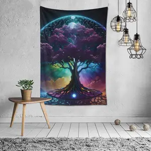 Tree of Life Moon Tapestry Wall Hanging Home Decor Nature Aesthetic Art Custom Gift Neon Trippy UV Rainbow Blacklight Enchanted Botanical Decoration Items Lightweight
