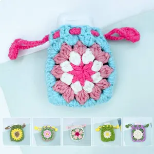 Women's Drawstring Crochet Headphone Bag Floral Handmade Pouch Mini Knitted Storage Case for Earbuds Protection and Daily Carry