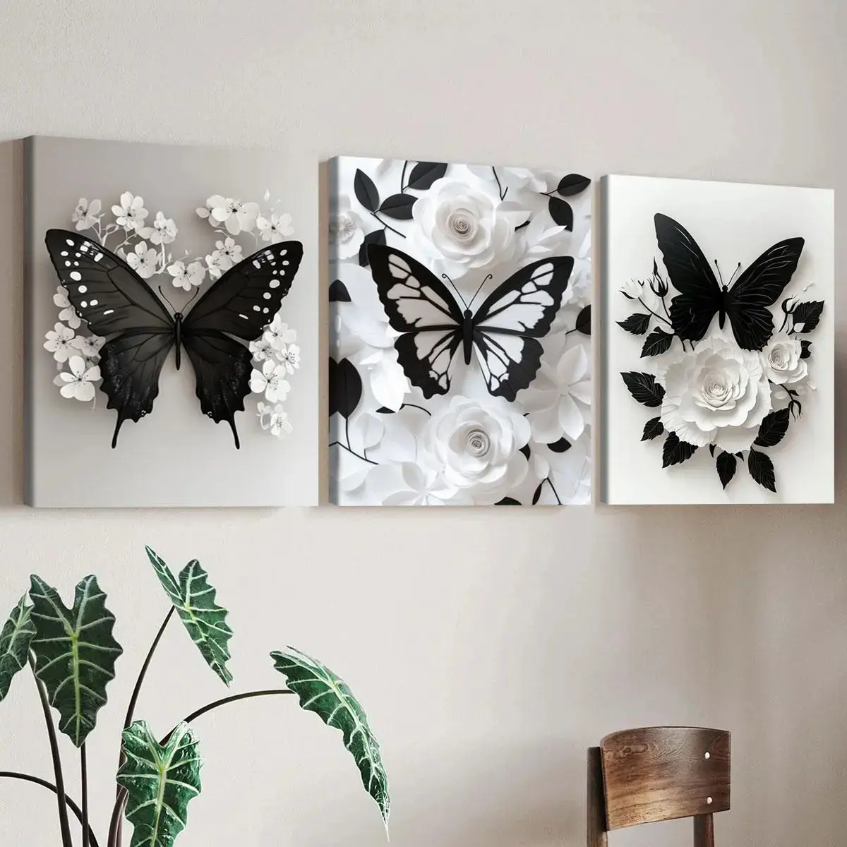 Butterfly & Flower Pattern Design Wall Art, 3 Counts Set, Wooden Framed Canvas, Modern Decoration for Home, Living Room, Bedroom, Office