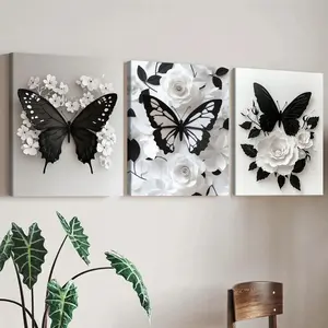 Butterfly & Flower Pattern Design Wall Art, 3 Counts Set, Wooden Framed Canvas, Modern Decoration for Home, Living Room, Bedroom, Office