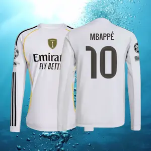 25 26  Home Kit White 10# Mbappé Long Sleeve Soccer Jersey Fans Version