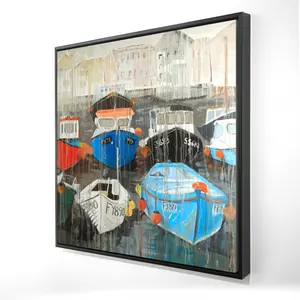 212 MAIN Artistic Blue Framed Decorative Artwork, 24x24in Ocean Inspired Color-Fading Rain at the Port Design, Modern Home Wall Accent Decor, Ocean Inspired Design
