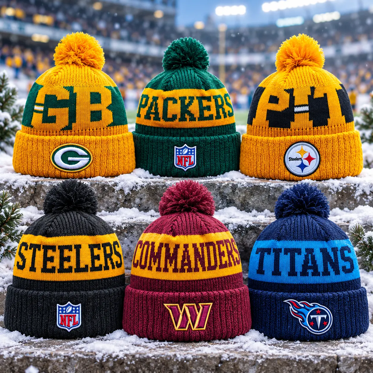 Men’s & Women’s Winter Knit Beanie Hats with Pom Pom – Embroidered Football Team Designs, Warm Cuffed Beanies, Colorful Cold Weather Sports Hats for Outdoor Activities & Casual Streetwear