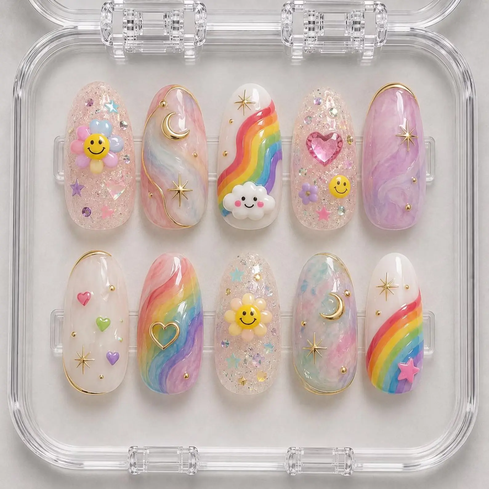 Pastel Rainbow Smiley  Nails, Kawaii Glitter Heart Flower Nail Set, Cute Handmade False Nails, Celestial Pride Month Acrylic