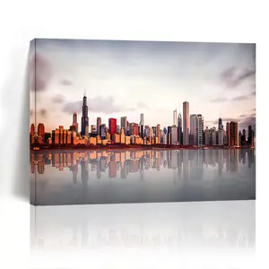 Chicago Skyline Canvas Wall Art - 29.97cm x 39.88cm Wooden Frame Print, Suitable for Living Room, Bedroom, Kitchen, and Office Decoration - Perfect Gift for Home and Holiday Celebrations, Ideal Choice for Room Decoration