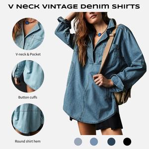 FMEYOA S~2XL Womenswear FallFreshness Denim Pullover Casual Comfort Button V Neck Blouse Loose Fit Tops Longsleeves Jean Jacket With Pocket