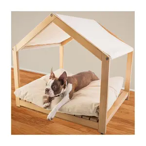 Petmaker Indoor Wood Dog House w/ Cushion & Adjustable Canopy