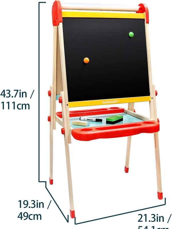 TOP BRIGHT Wooden Art Easel for Kids, Toddler Easel Adjustable with Painting Whiteboard, Child Easel with Magnetic Blackboard