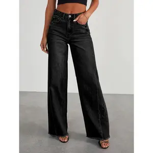 Women's High-Waisted Wide Leg Jeans, Casual Baggy Stretch Denim Pants with Pockets, Jeans Womenswear Bottom Button Streetwear