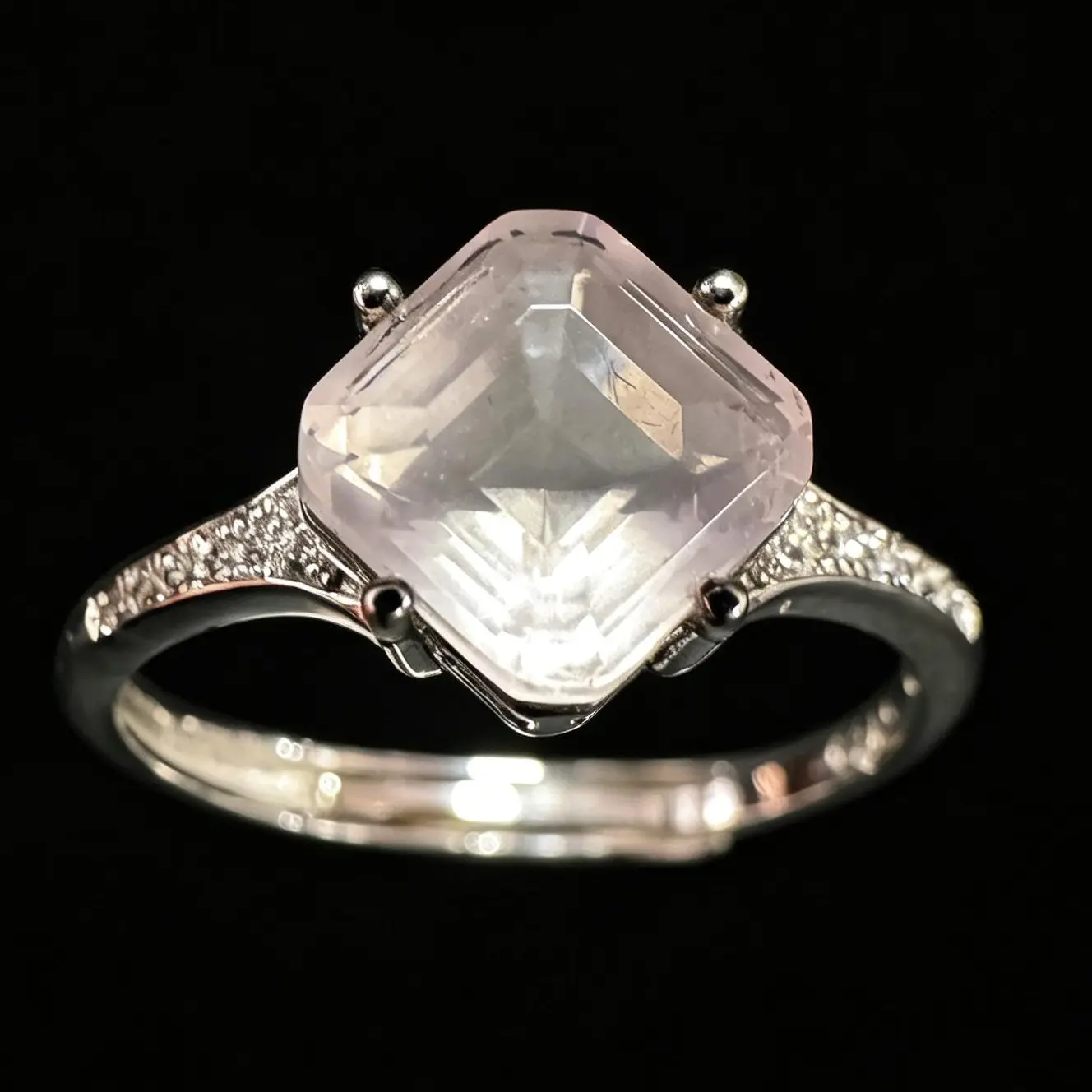 Unisex 925 Sterling Silver Minimalist Solitaire Ring - Natural Rose Quartz Cushion Square, Pave CZ, Adjustable, Ideal for Engagement, Anniversary Gift, Elegant Natural Crystal Rings, Chic Natural Crystal Rings