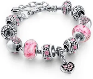 Pink Hearts Silver Plated Charm Bracelet Set with Beads & Adjustable Snake Chain Fits 7.5"+1.5" Jewelry Gifts for Her